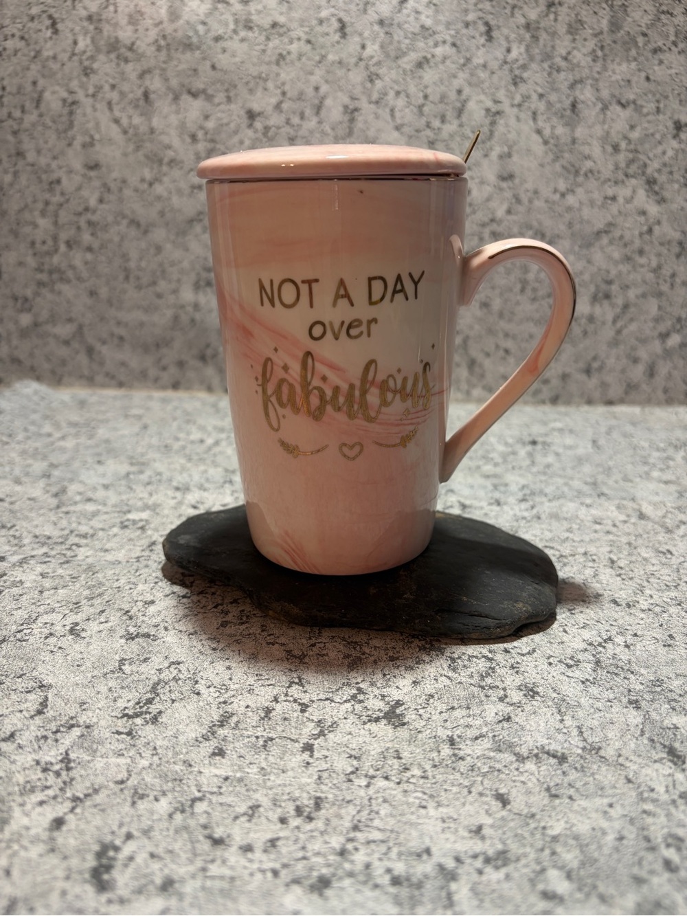 "Not A Day Over Fabulous" Pink Marble Ceramic Mug with Lid. Perfect Gift